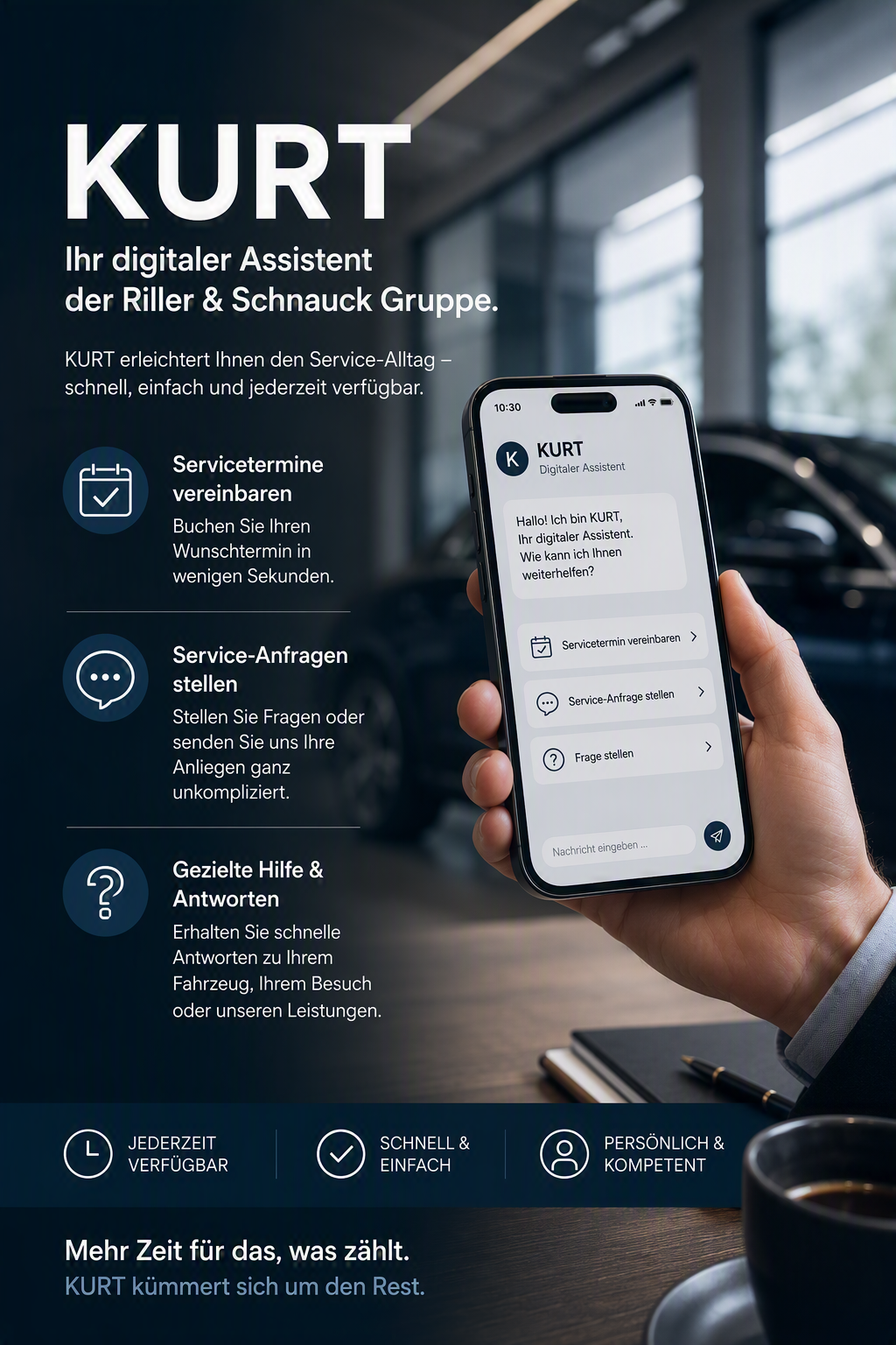 Schematische Darstellung mit Mobiltelefon und KURT, dem digitalen Assistenten von Riller & Schnauck